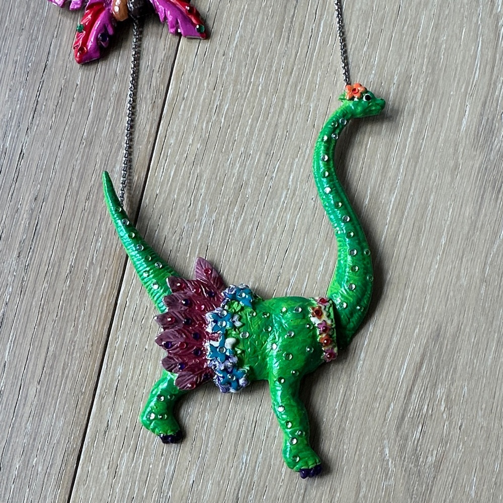 Green Dinosaur Pendant Necklace with Floral Accents